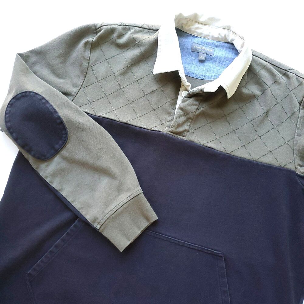 LL Bean Signature Rugby Polo Shirt Mens L Blue Green Elbow Patch Slim Fit Retro